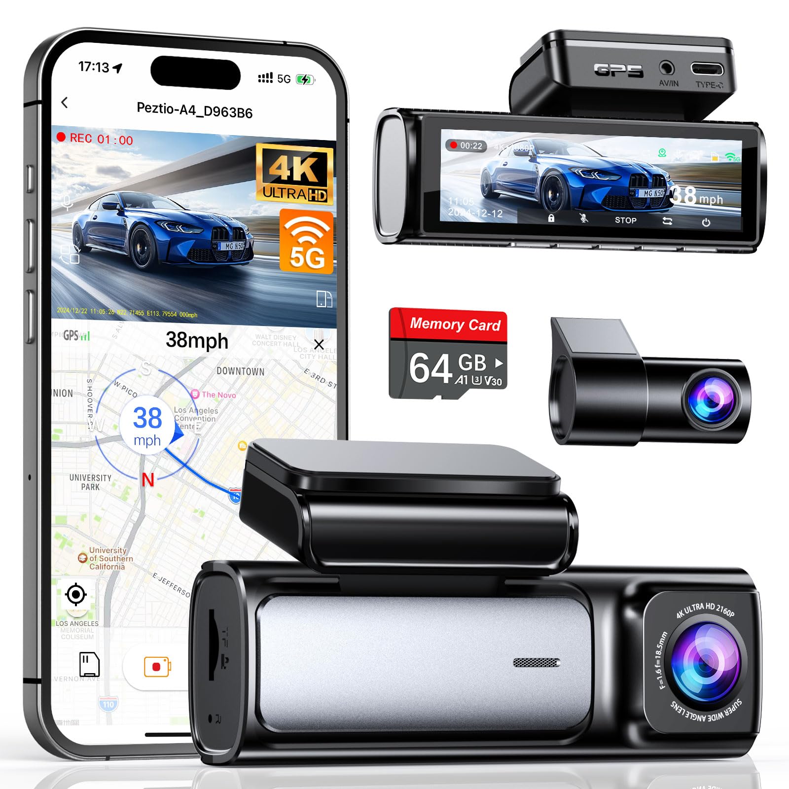 Affver 4K Dash Cam Front And Rear, Built In 5G Wifi Gps, 64Gb Card Included, 3.59'' Ips Screen Dash Camera For Cars, Dual Dashca